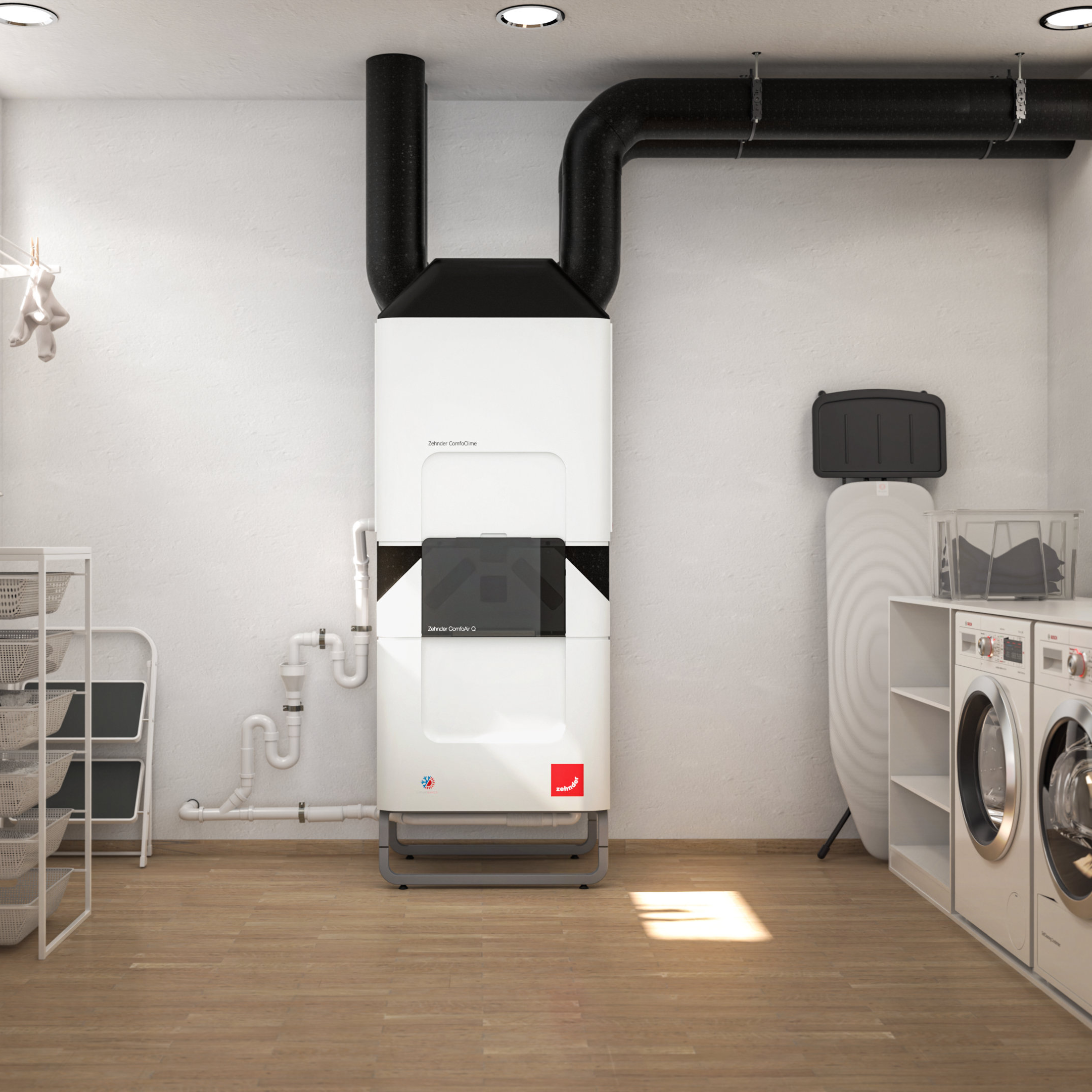 Zehnder_CSY_ComfoClime-ComfoAirQ-TR_basement_washingarea_Milieu Rendering del prodotto Zehnder ComfoClime