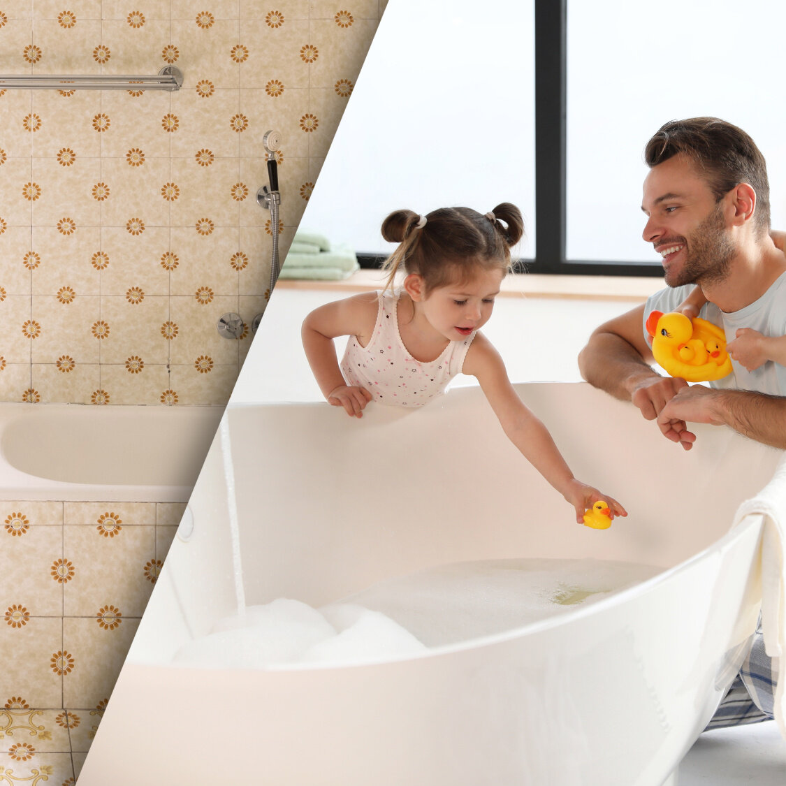 Zehnder_Expedition_Renovation_Bathroom_Visual_Familie_Badezimmer A two-part image showing an old bathroom with patterned tiles on the left and a modern, bright bathroom with a white bathtub on the right, in which an adult is playing with two children.