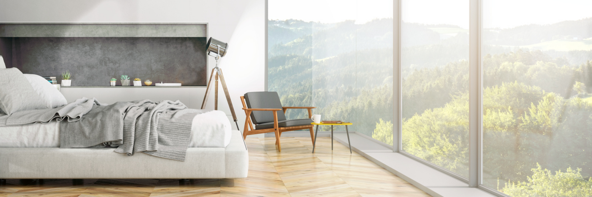 Camera da letto moderna con vista sulla natura