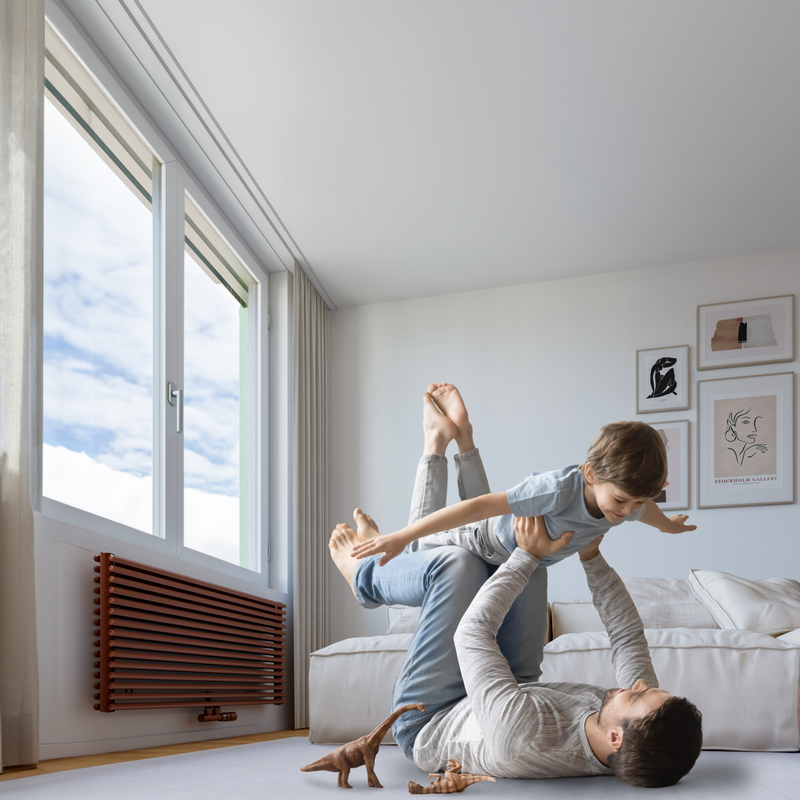 Happy young father lying on floor in living room hold fly with little preschooler son engaged in funny game together, loving dad relax playing with small boy child, enjoy family weekend at home, base iamge AdobeStock_332248000,
