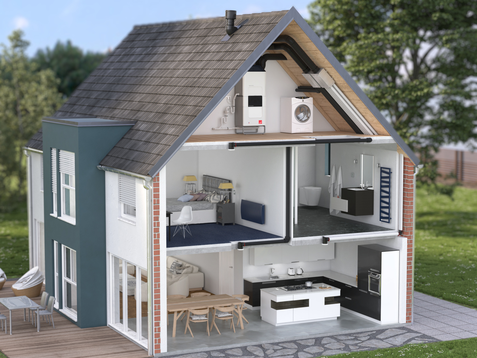 Comfo Air Q and Comfo Clime, Building installation, Visible air distribution, Cut-open building, Exterior, Single-family house,CA Q,
